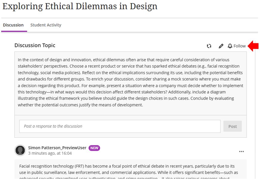 Image showing how to 'follow' a Blackboard discussion board.