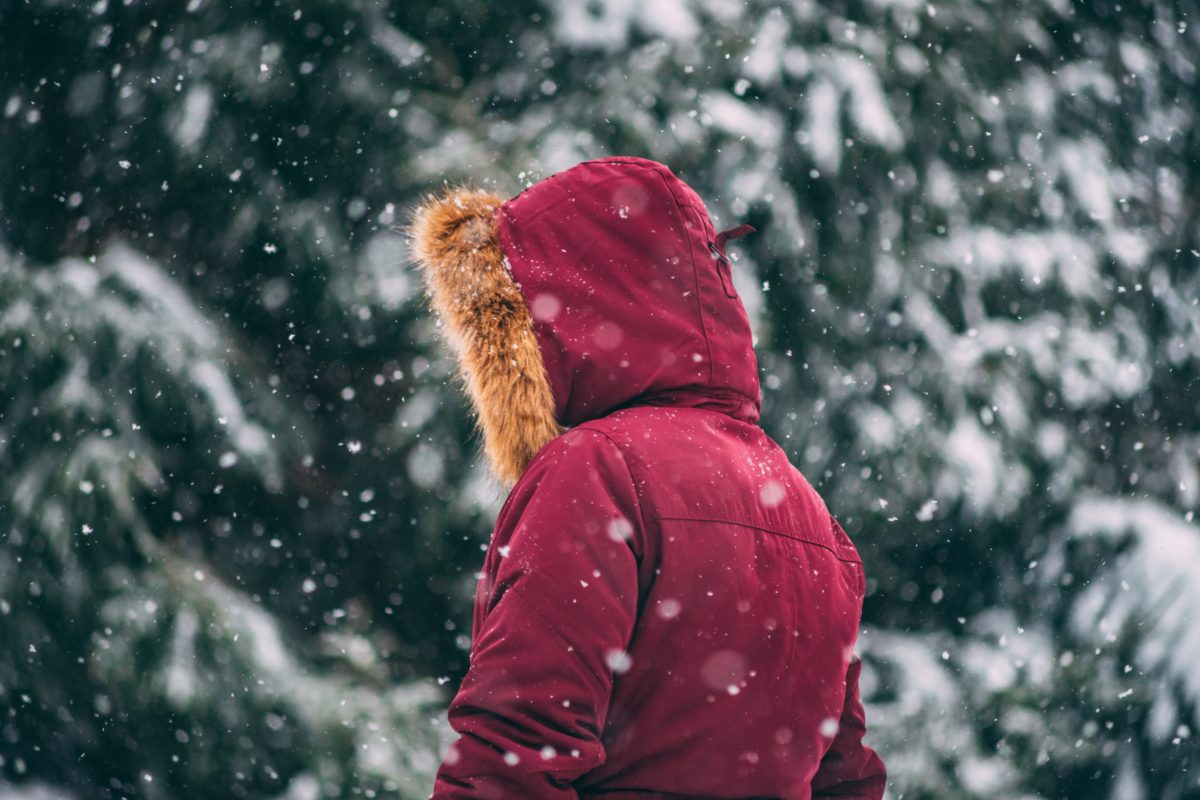 Somebody wearing a thick, winter coat in the snow
