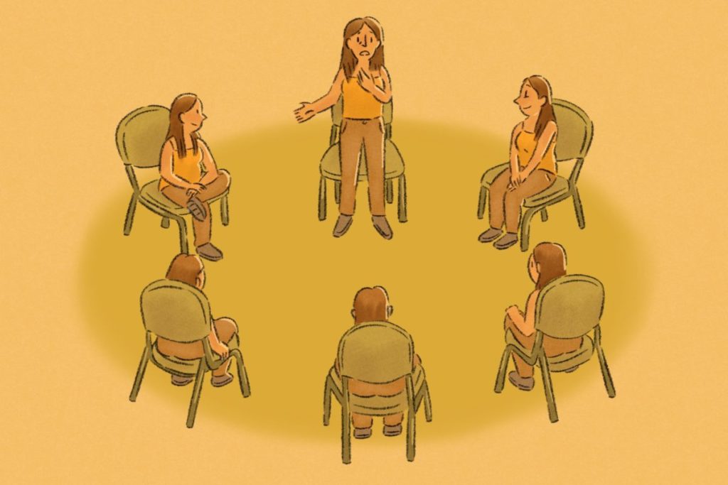 Illustration of a girl talking to five other versions of herself as if in a group therapy session