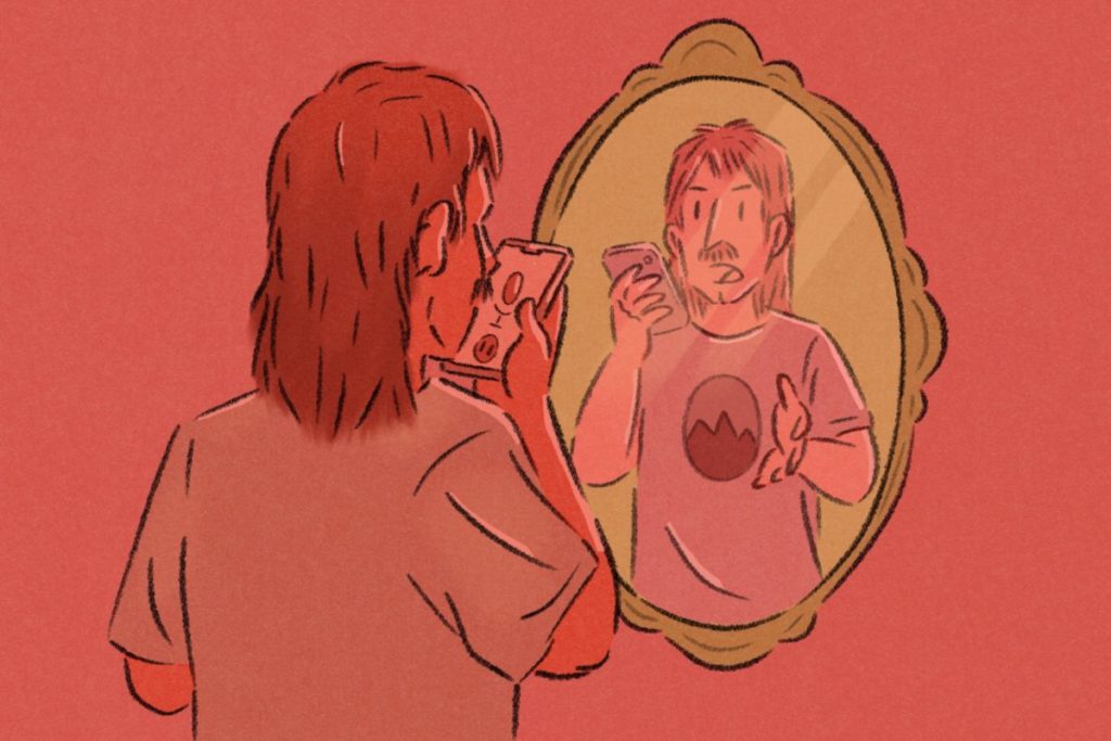 Illustration of a man standing in front of a mirror and speaking into a voice recorder on his phone